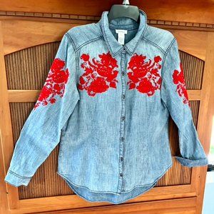 Sundance Cassidy Embroidered Chambray Denim Long Sleeve Western Shirt, Sz Lg